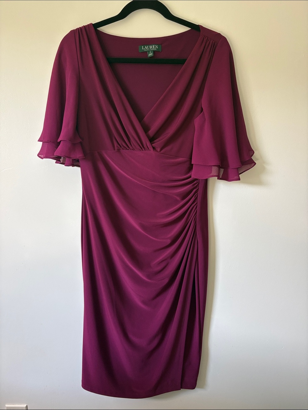 Lauren Ralph Lauren Wine-Red Surplice Midi Dress with Flutter Sleeves